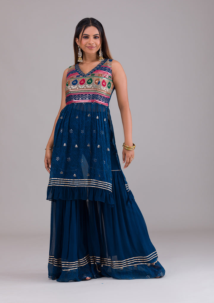 Peacock Blue Sequins Georgette Salwar Suit-Koskii