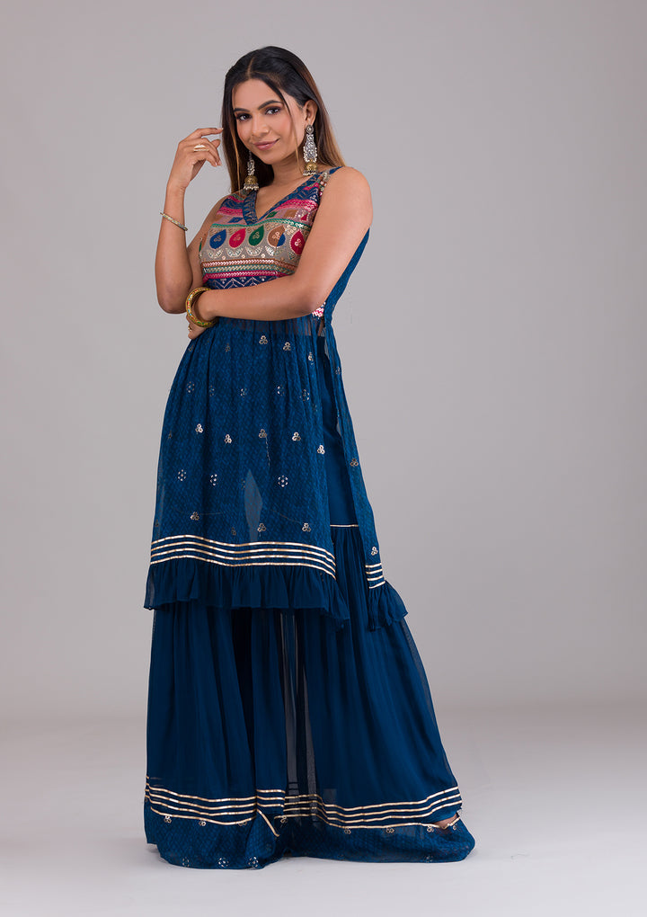 Peacock Blue Sequins Georgette Salwar Suit-Koskii