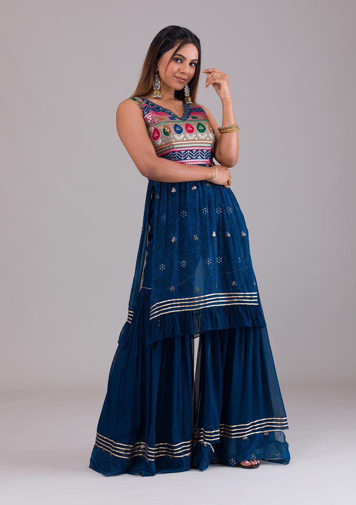 Peacock Blue Sequins Georgette Salwar Suit-Koskii