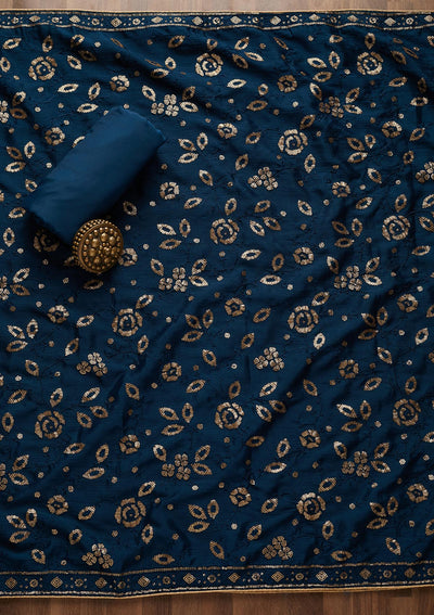 Peacock Blue Sequins Georgette Unstitched Salwar Suit - Koskii