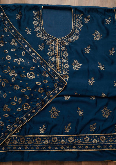 Peacock Blue Sequins Georgette Unstitched Salwar Suit - Koskii