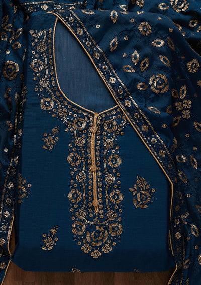 Peacock Blue Sequins Georgette Unstitched Salwar Suit - Koskii
