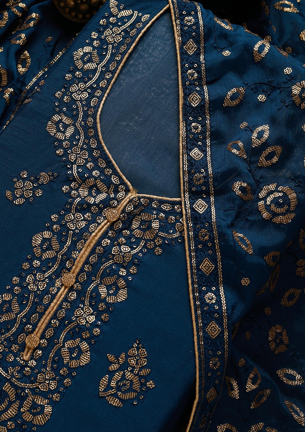 Peacock Blue Sequins Georgette Unstitched Salwar Suit - Koskii