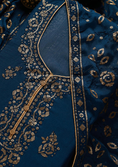 Peacock Blue Sequins Georgette Unstitched Salwar Suit - Koskii