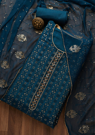Peacock Blue Sequins Georgette Unstitched Salwar Suit-Koskii