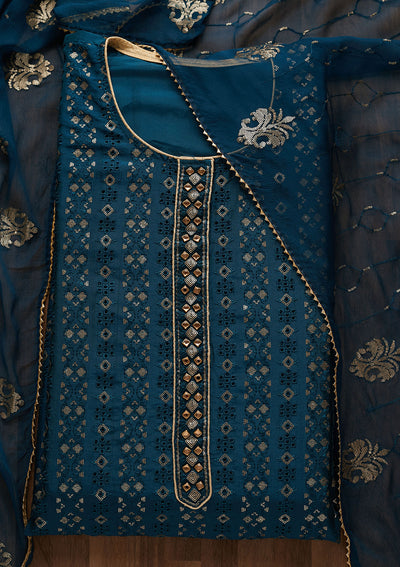 Peacock Blue Sequins Georgette Unstitched Salwar Suit-Koskii