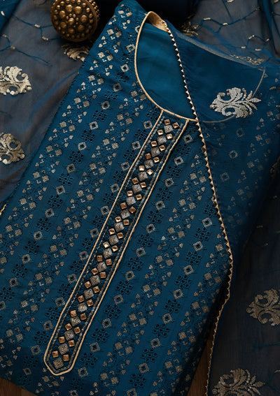 Peacock Blue Sequins Georgette Unstitched Salwar Suit-Koskii