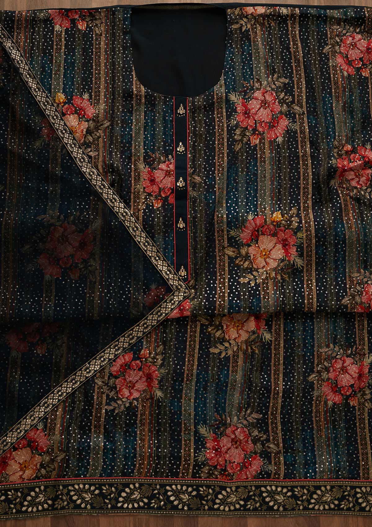 Peacock Blue Sequins Georgette Unstitched Salwar Suit-Koskii