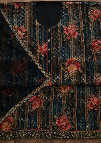 Peacock Blue Sequins Georgette Unstitched Salwar Suit-Koskii
