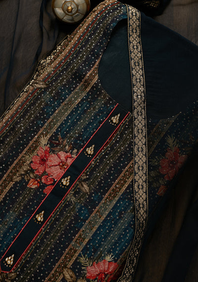 Peacock Blue Sequins Georgette Unstitched Salwar Suit-Koskii