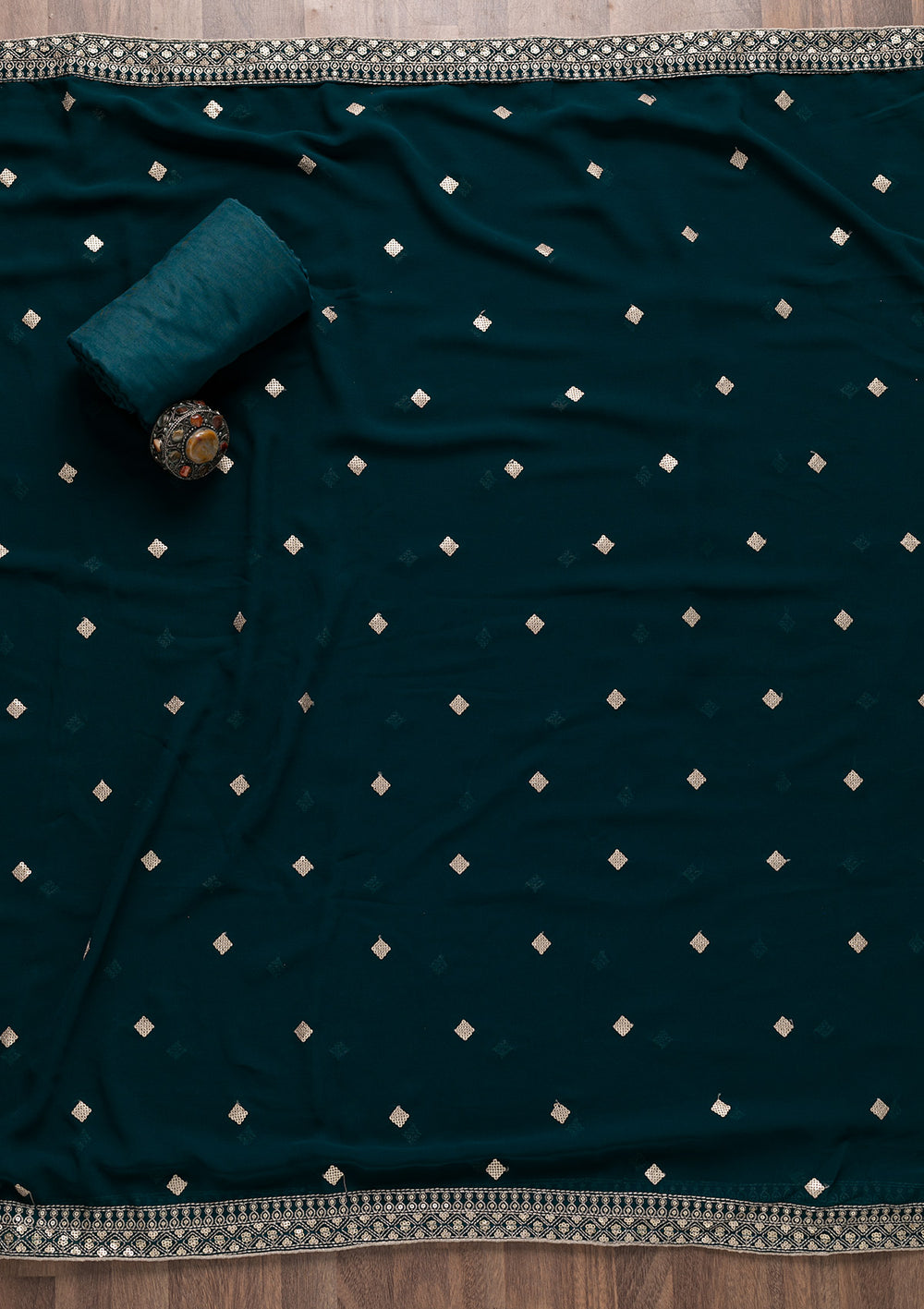 Peacock Blue Sequins Georgette Unstitched Salwar Suit-Koskii
