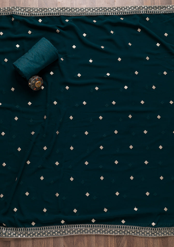 Peacock Blue Sequins Georgette Unstitched Salwar Suit-Koskii