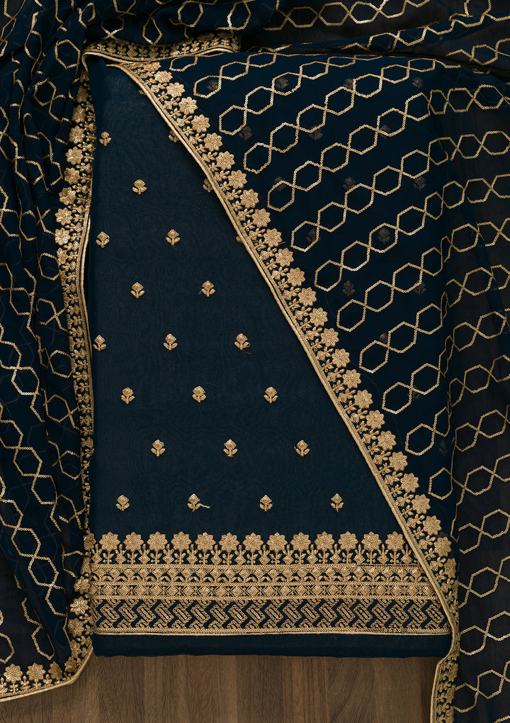 Peacock Blue Sequins Georgette Unstitched Salwar Suit-Koskii