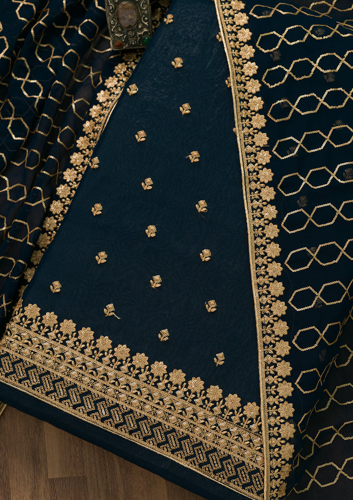 Peacock Blue Sequins Georgette Unstitched Salwar Suit-Koskii