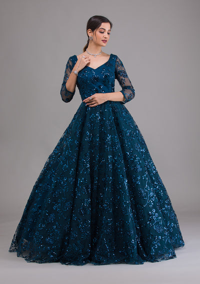Peacock Blue Sequins Net Designer Gown-Koskii