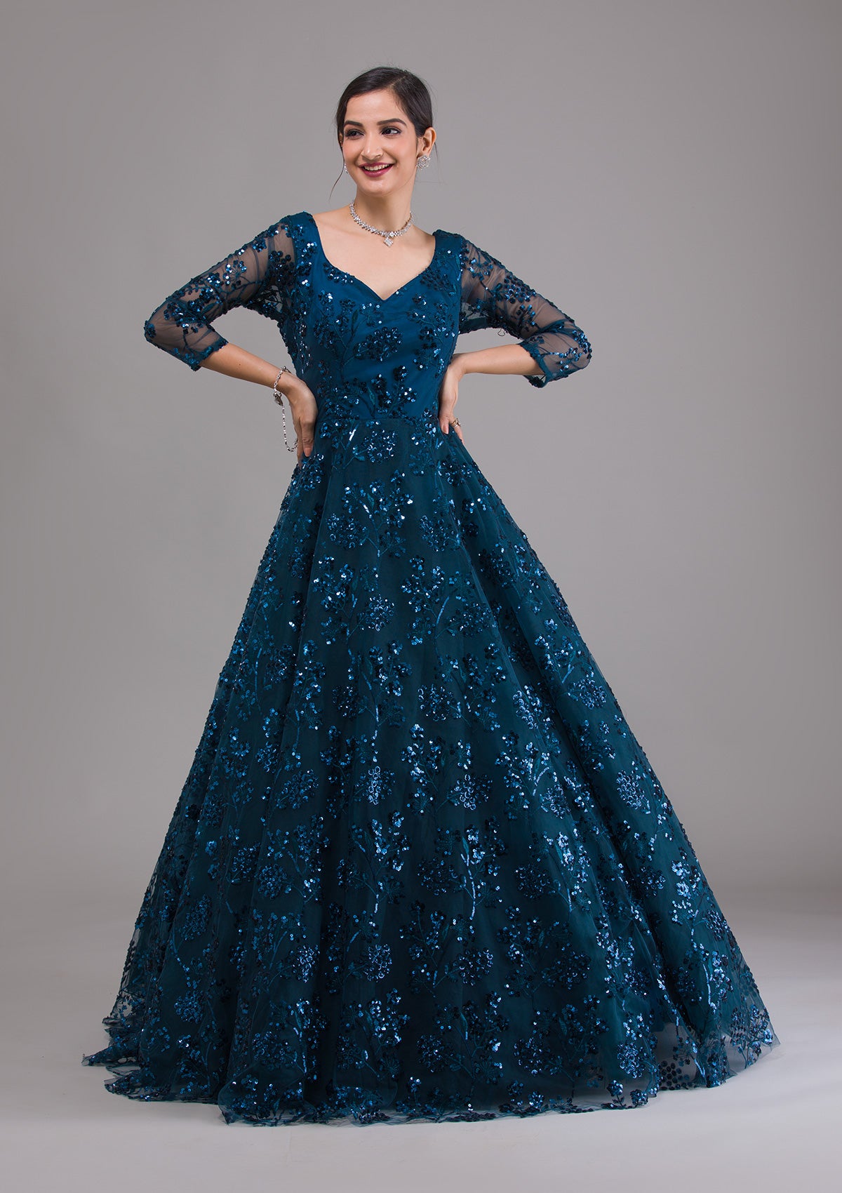 Buy Peacock Blue Sequins Net Designer Gown - Koskii