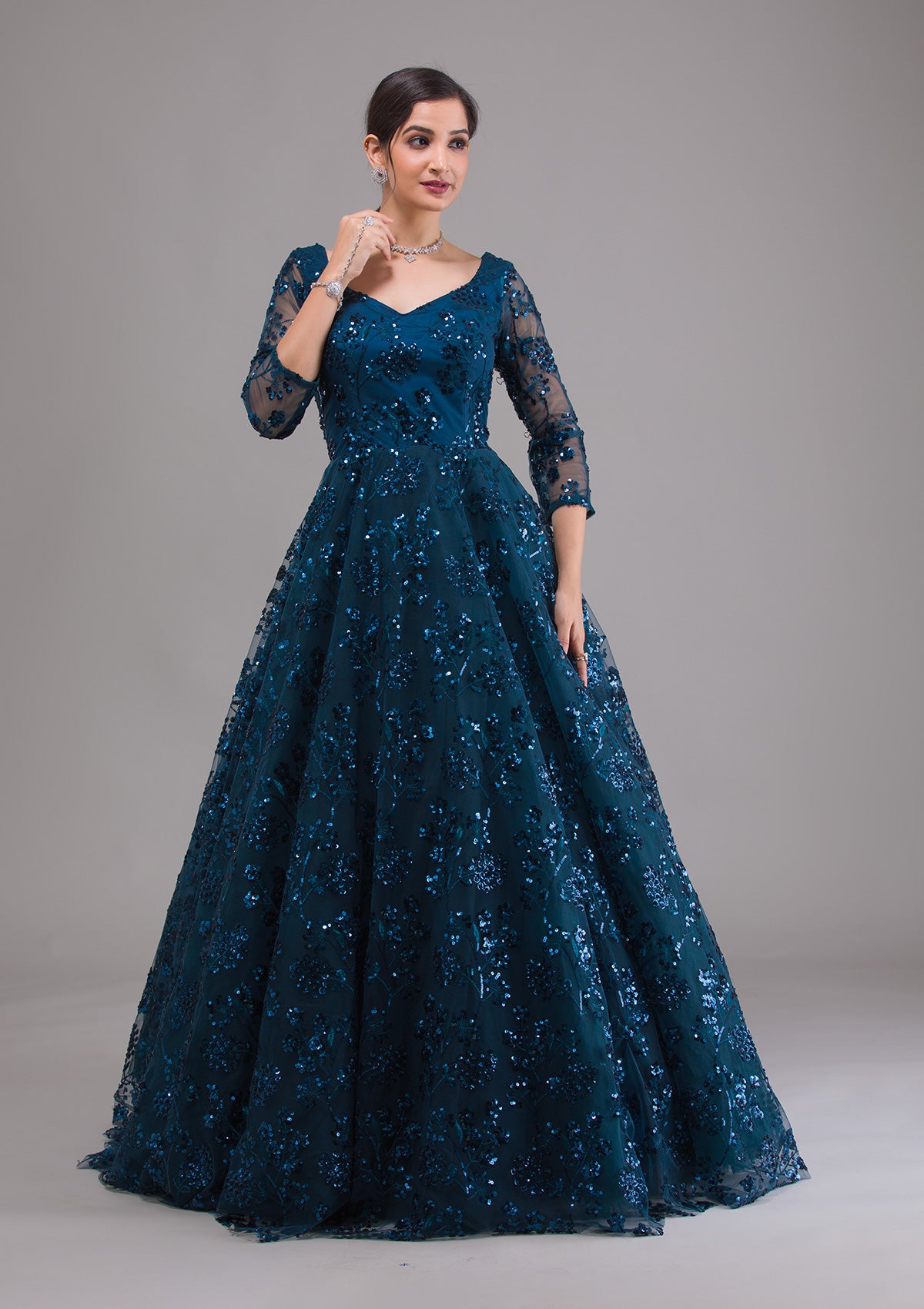 Peacock Blue Sequins Net Designer Gown-Koskii