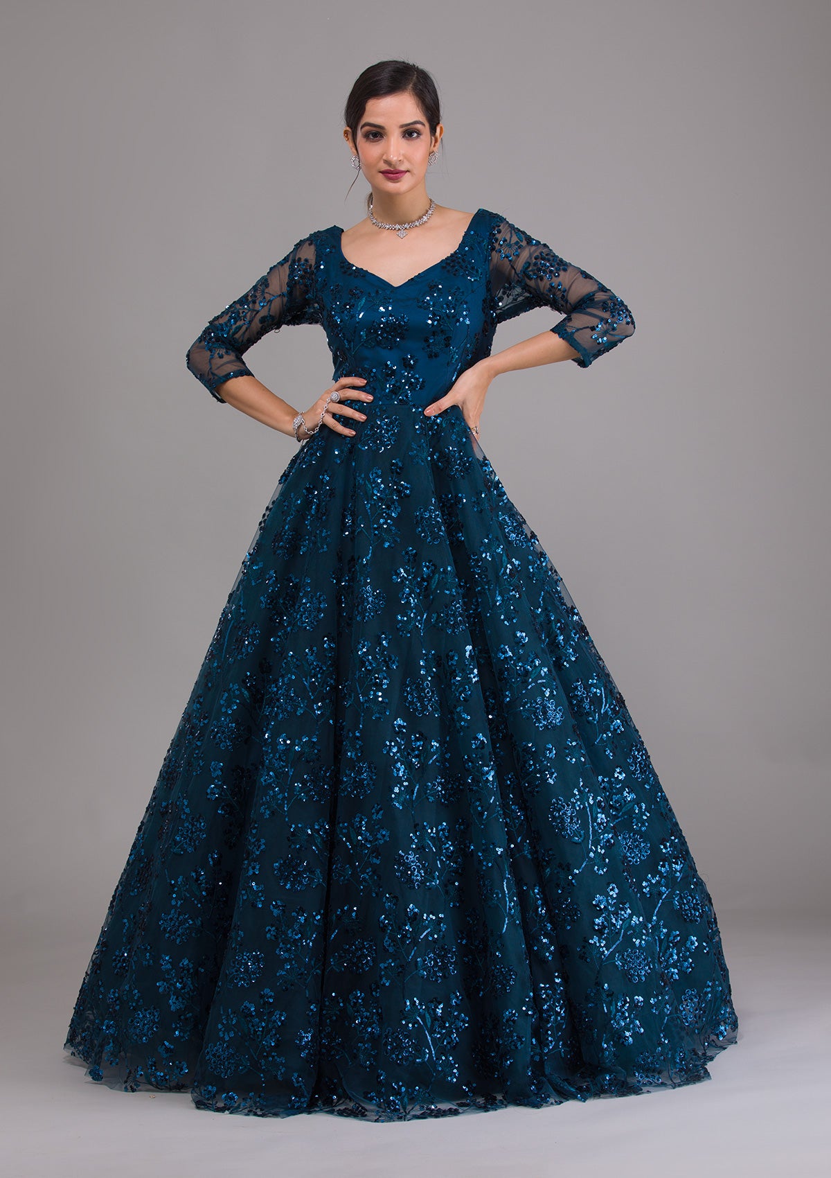 Buy Peacock Blue Sequins Net Designer Gown - Koskii