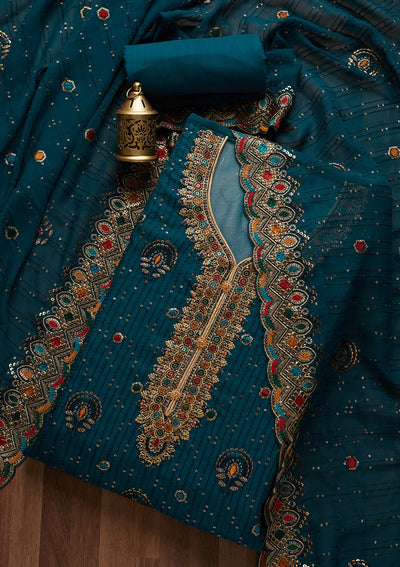 Peacock Blue Sequins Semi Crepe Semi-Stitched Salwar Suit- Koskii
