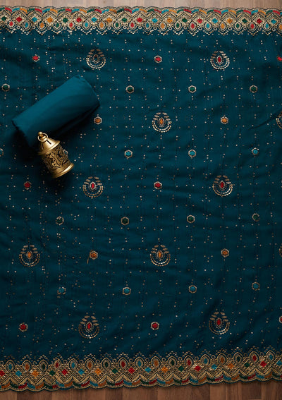 Peacock Blue Sequins Semi Crepe Semi-Stitched Salwar Suit - Koskii