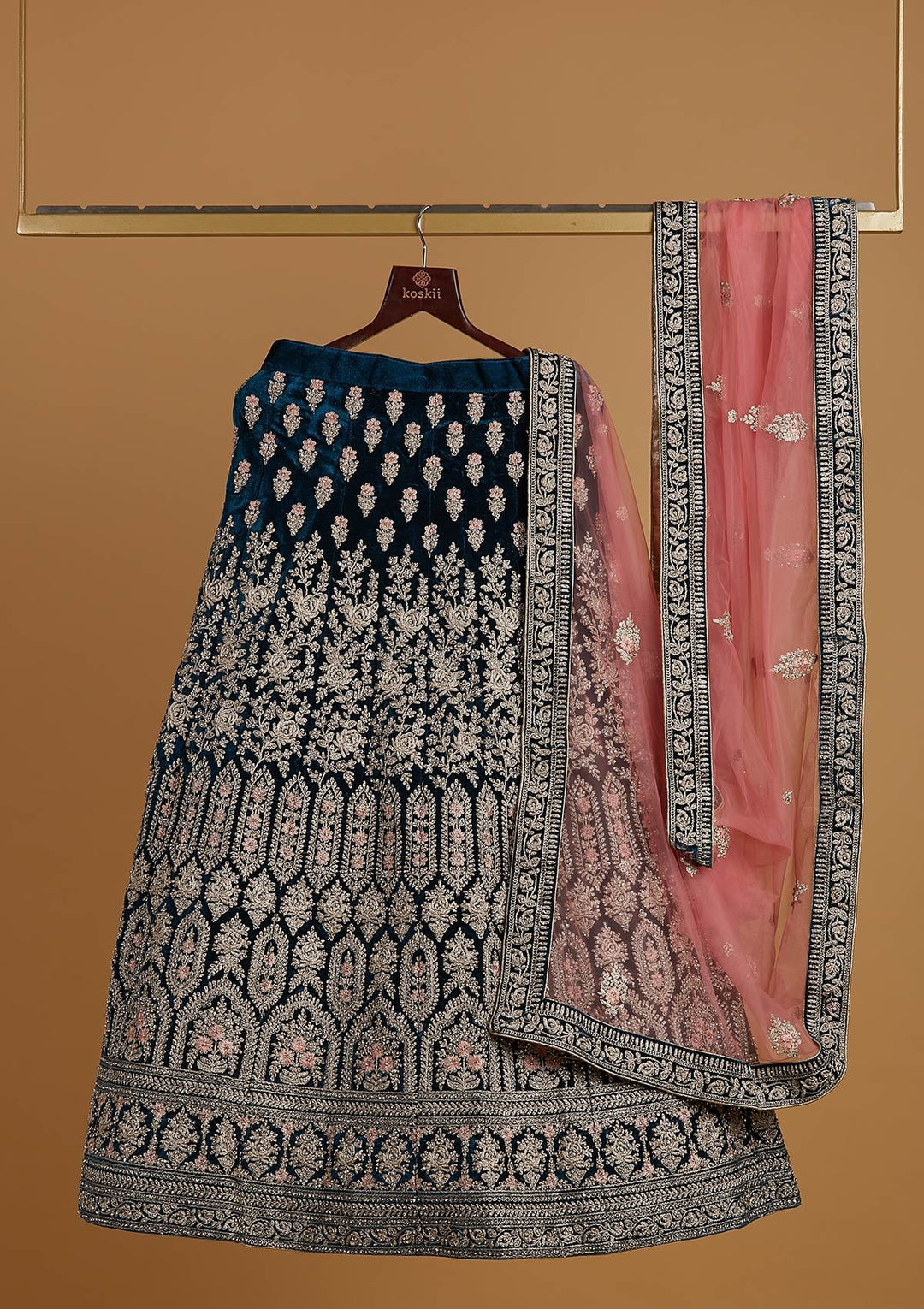Peacock Blue Silver Stonework Velvet Designer Semi-Stitched Lehenga - koskii