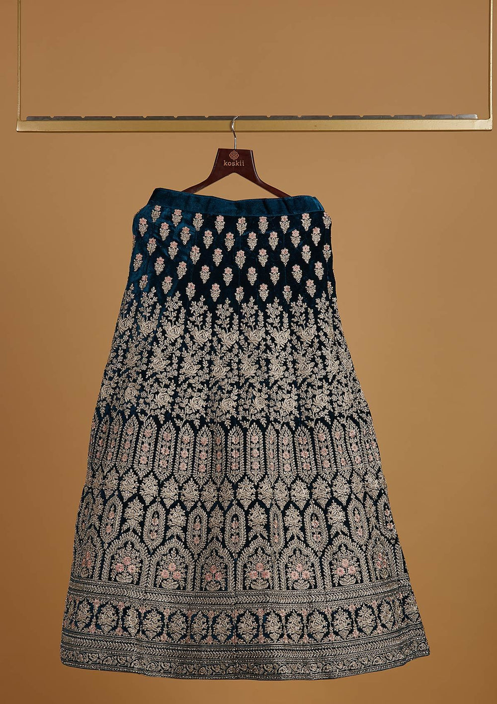 Peacock Blue Silver Stonework Velvet Designer Semi-Stitched Lehenga - koskii