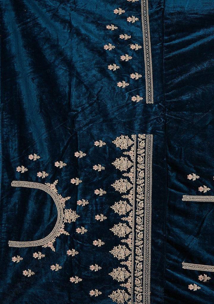 Peacock Blue Silver Stonework Velvet Designer Semi-Stitched Lehenga - koskii