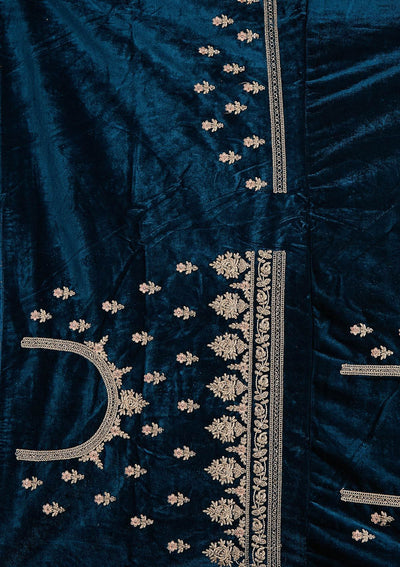 Peacock Blue Silver Stonework Velvet Designer Semi-Stitched Lehenga - koskii