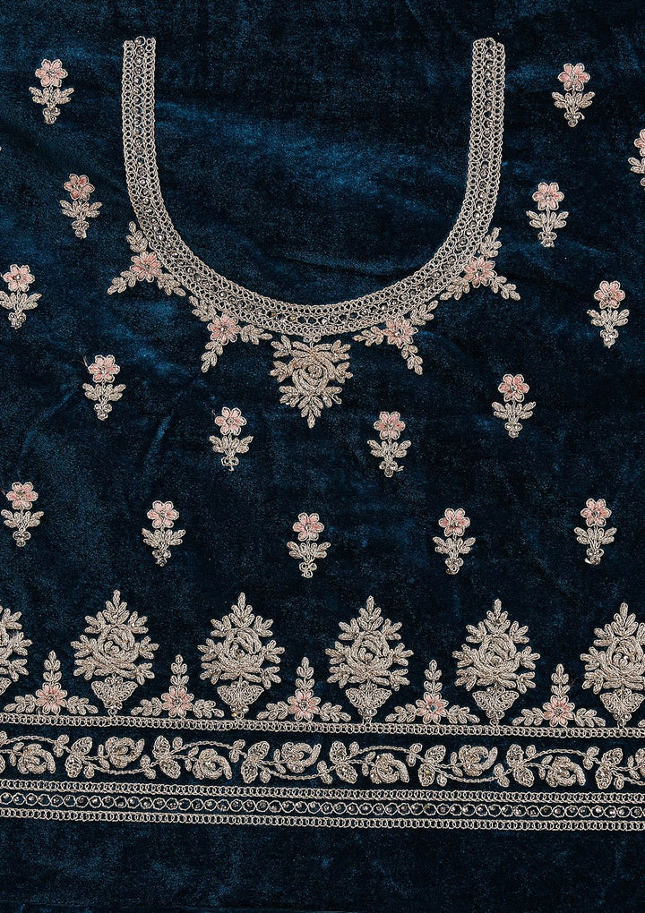 Peacock Blue Silver Stonework Velvet Designer Semi-Stitched Lehenga - koskii