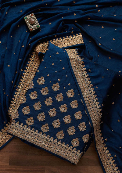 Peacock Blue Stonework Georgette Designer Unstitched Salwar Suit - Koskii