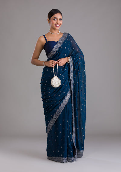 Peacock Blue Stonework Georgette Saree-Koskii