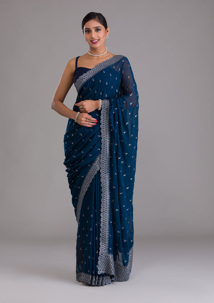 Peacock Blue Stonework Georgette Saree-Koskii