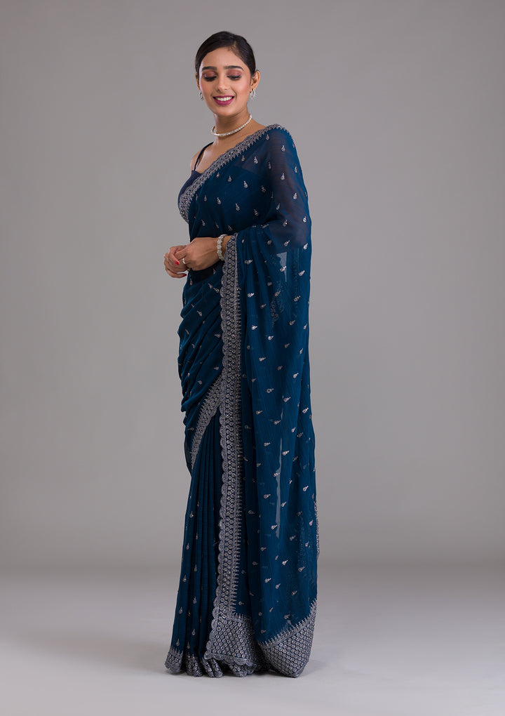 Peacock Blue Stonework Georgette Saree-Koskii