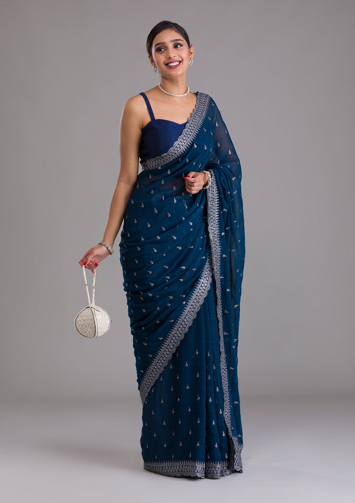 Peacock Blue Stonework Georgette Saree-Koskii