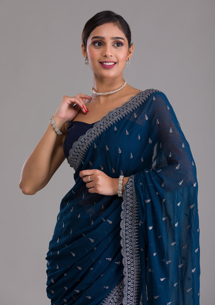 Peacock Blue Stonework Georgette Saree-Koskii