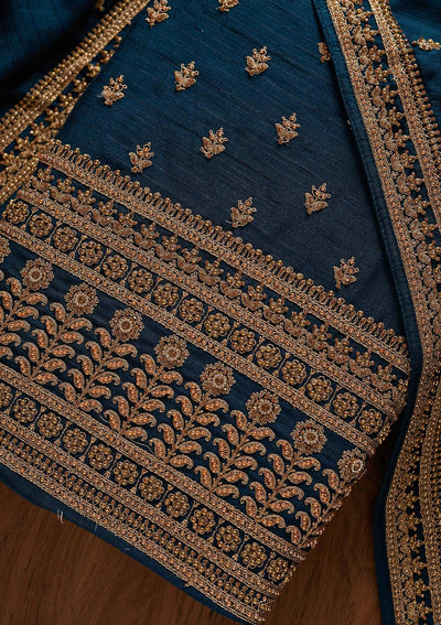 Peacock Blue Stonework Raw Silk Designer Unstitched Salwar Suit - koskii