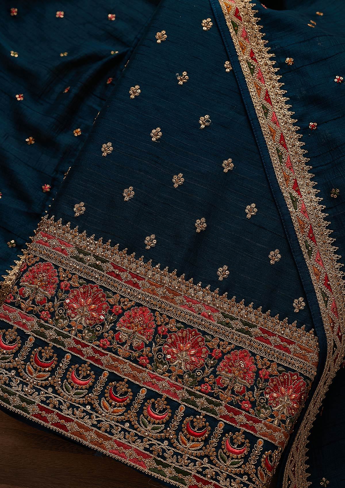 Peacock Blue Stonework Raw Silk Designer Unstitched Salwar Suit - Koskii