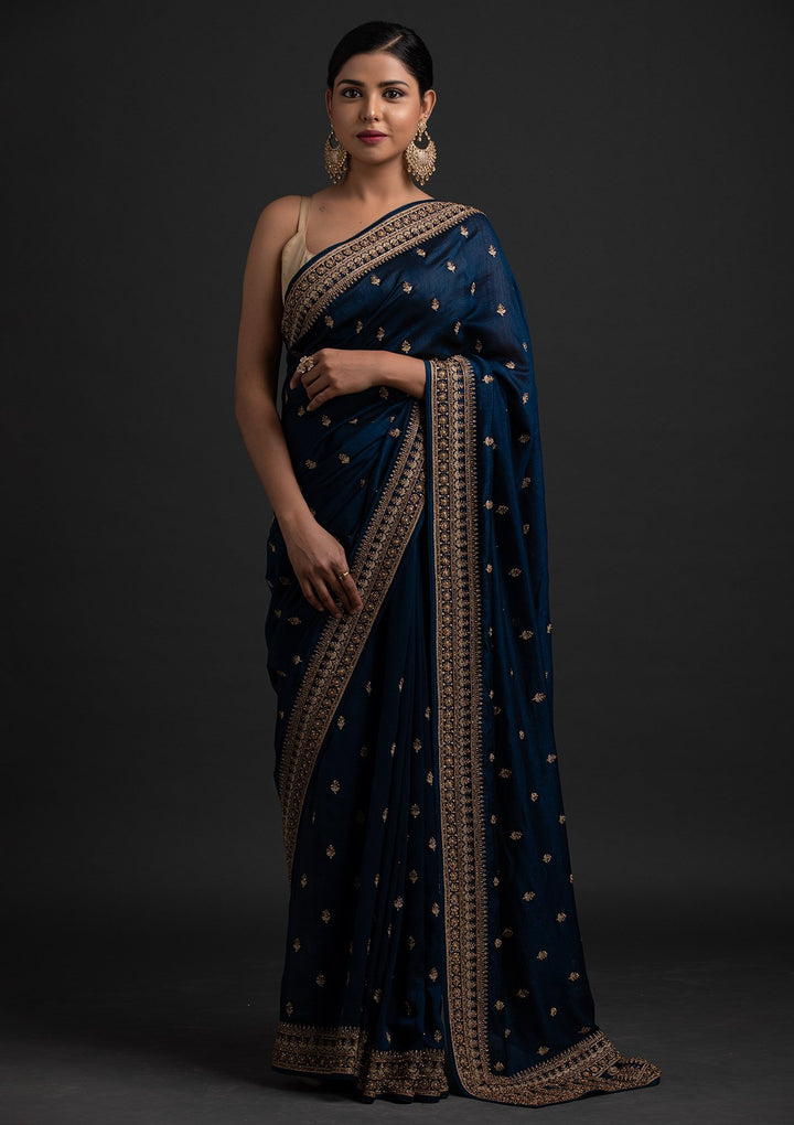Peacock Blue Stonework Raw Silk Designer Saree - koskii