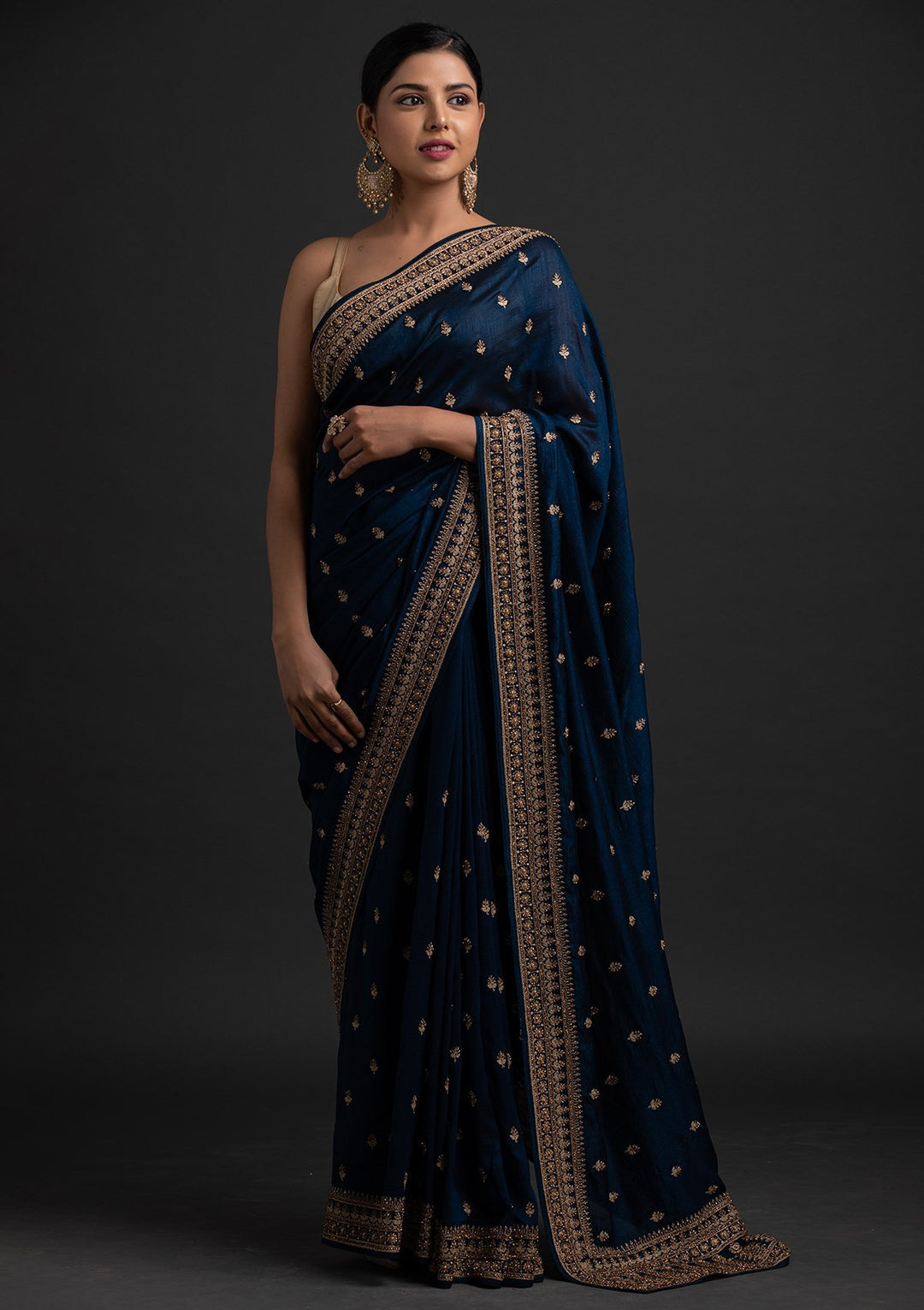Peacock Blue Stonework Raw Silk Designer Saree - koskii