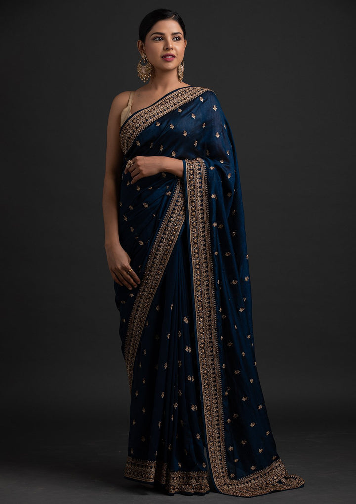 Peacock Blue Stonework Raw Silk Designer Saree - koskii