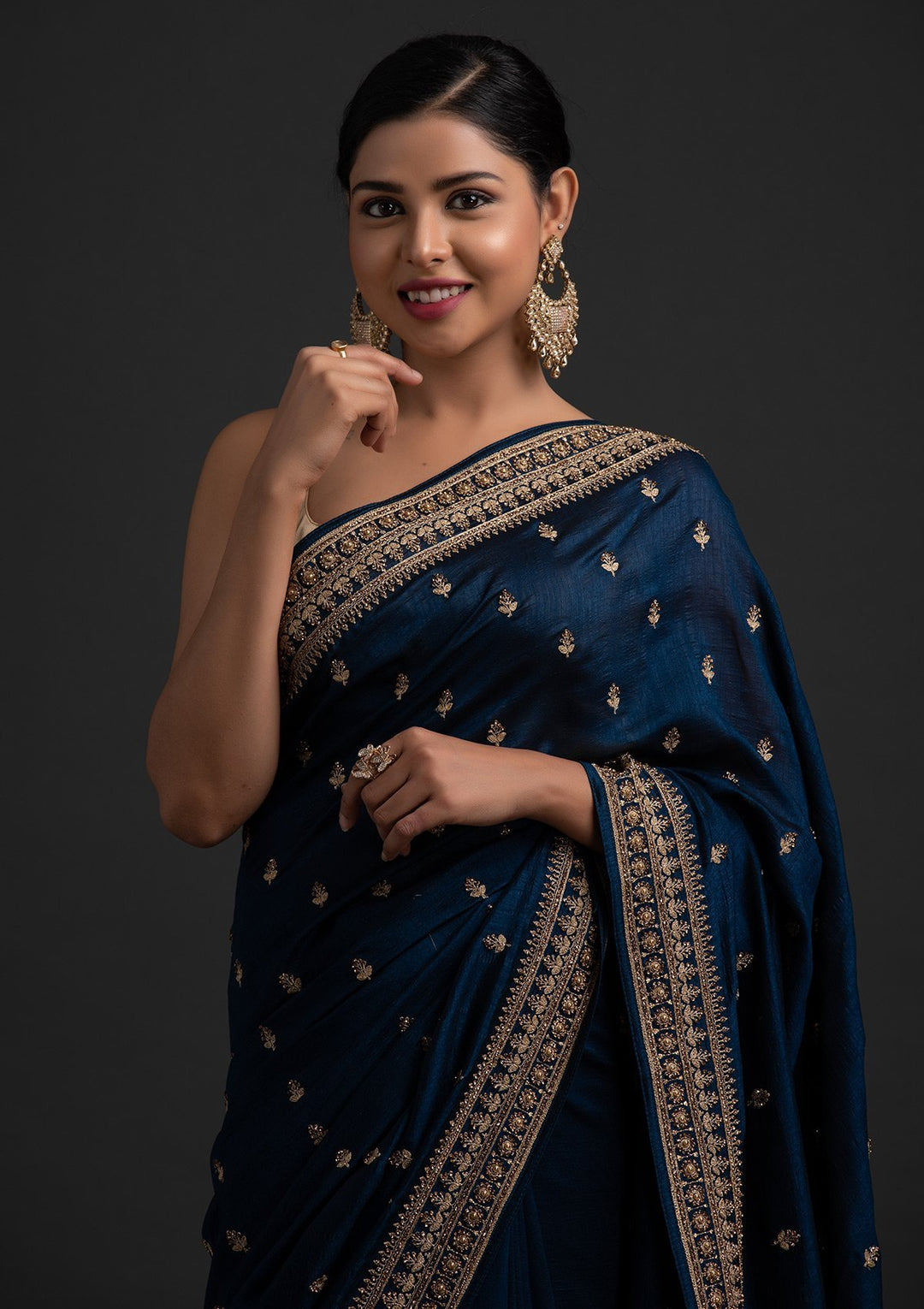 Peacock Blue Stonework Raw Silk Designer Saree - koskii