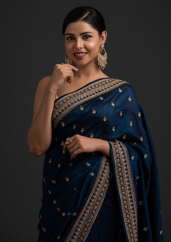Peacock Blue Stonework Raw Silk Designer Saree - koskii