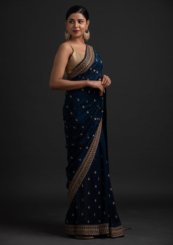 Peacock Blue Stonework Raw Silk Designer Saree - koskii
