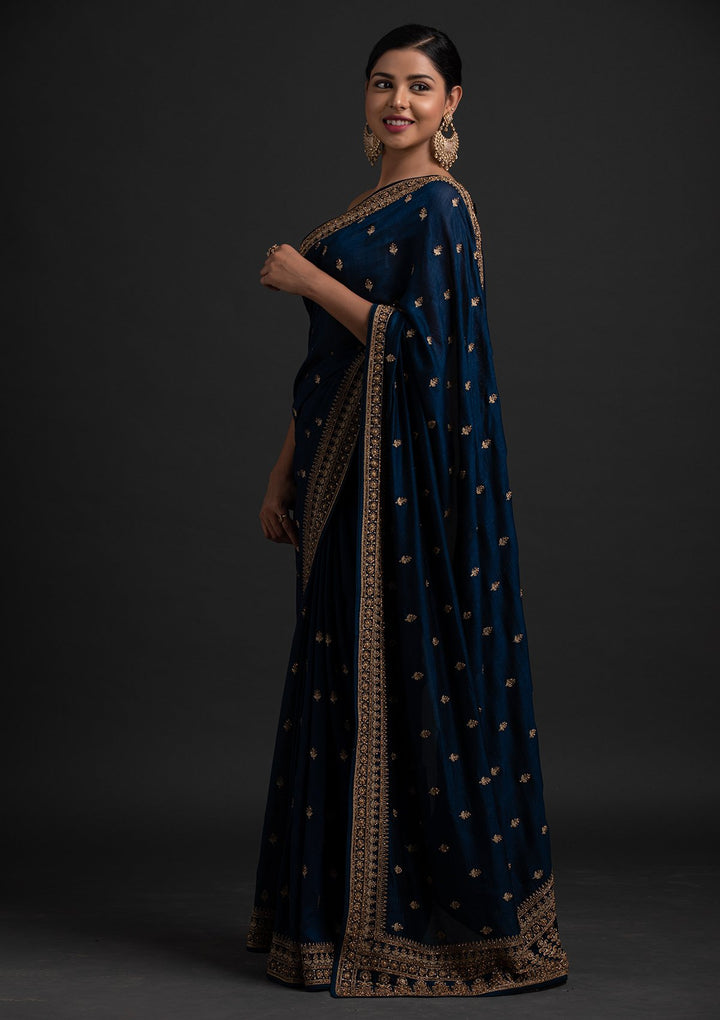 Peacock Blue Stonework Raw Silk Designer Saree - koskii