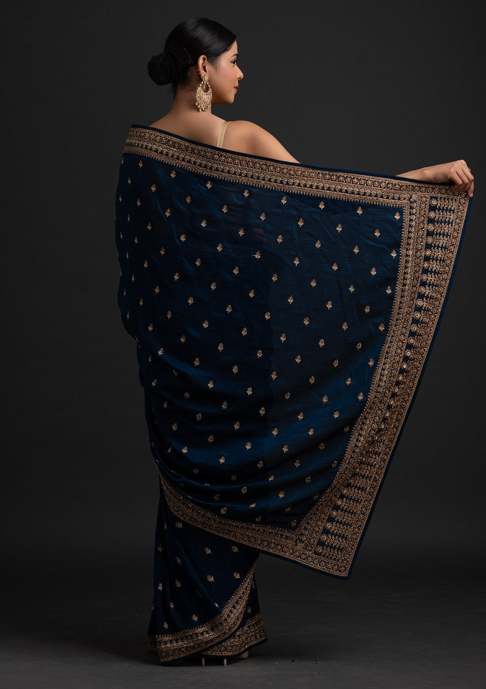 Peacock Blue Stonework Raw Silk Designer Saree - koskii