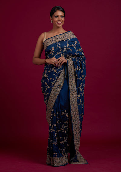 Peacock Blue Stonework Raw Silk Designer Saree - Koskii