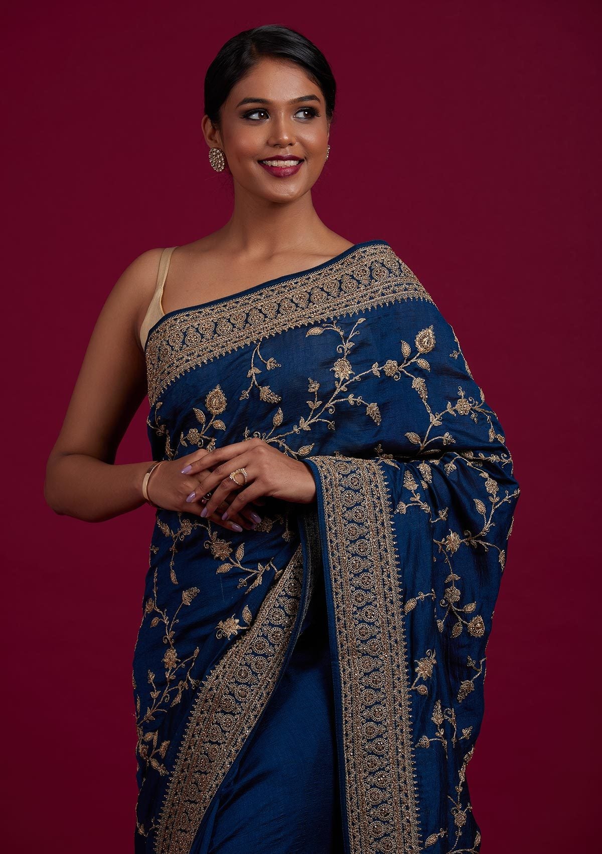 Buy Peacock Blue Stone Work Raw Silk Saree Koskii