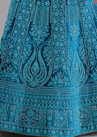 Peacock Blue Stonework Velvet Semi Stitched Lehenga-Koskii