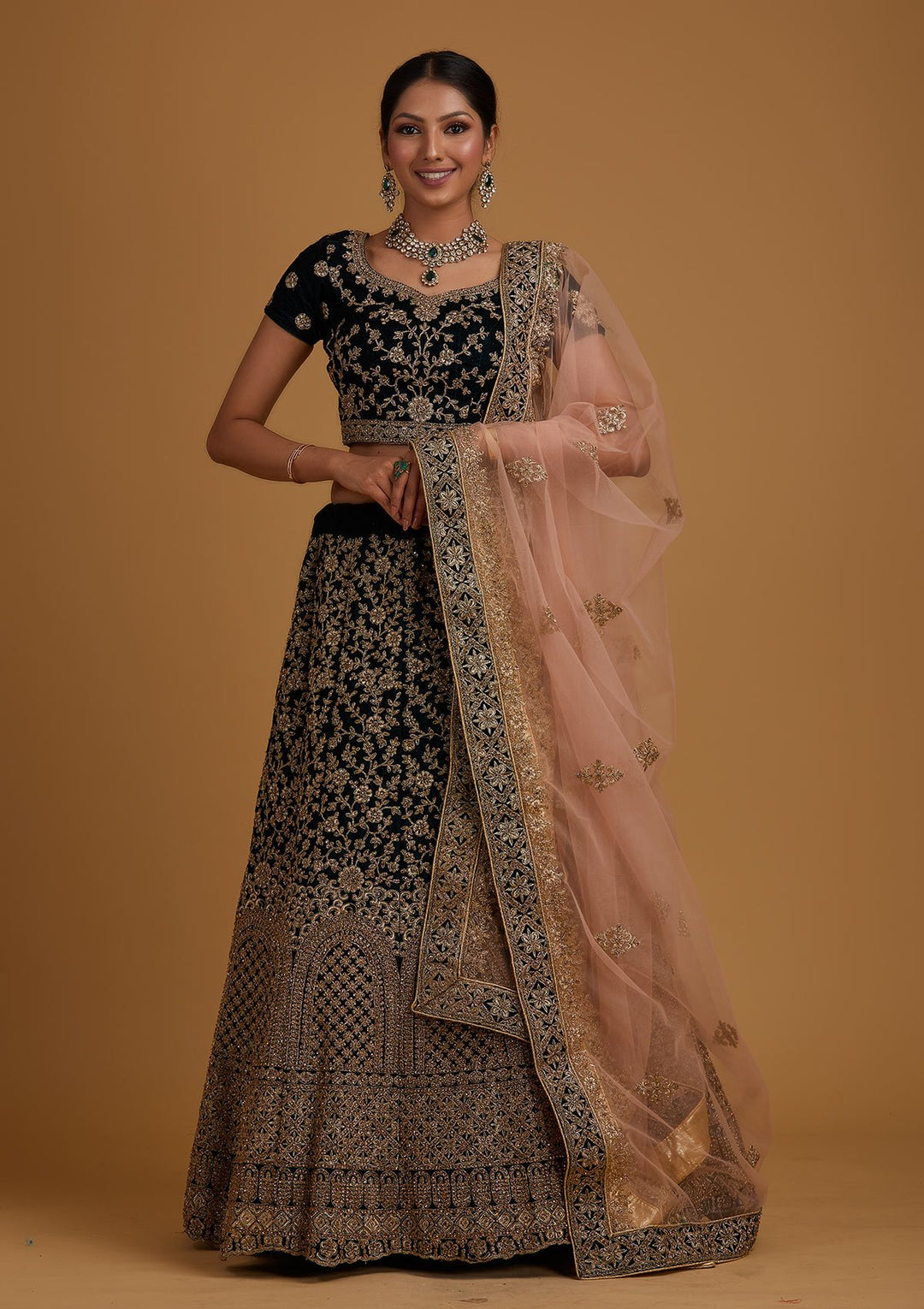 Peacock Blue Stonework Velvet Designer Semi-Stitched Lehenga - koskii