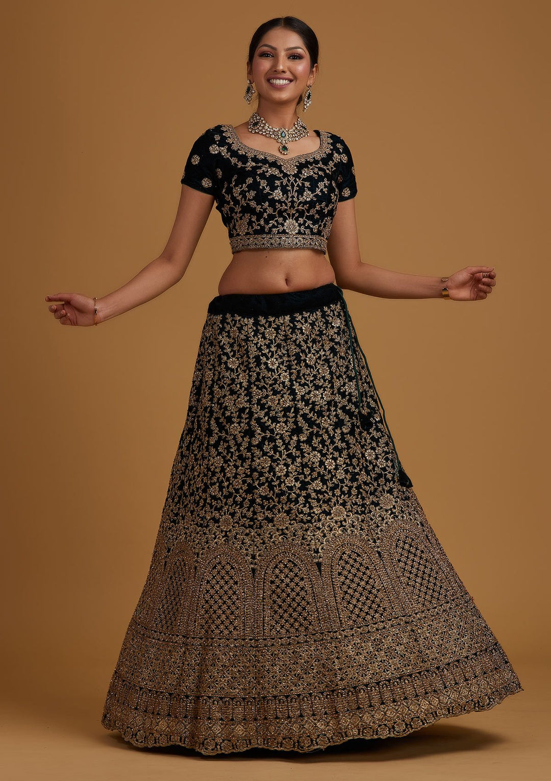 Peacock Blue Stonework Velvet Designer Semi-Stitched Lehenga - koskii